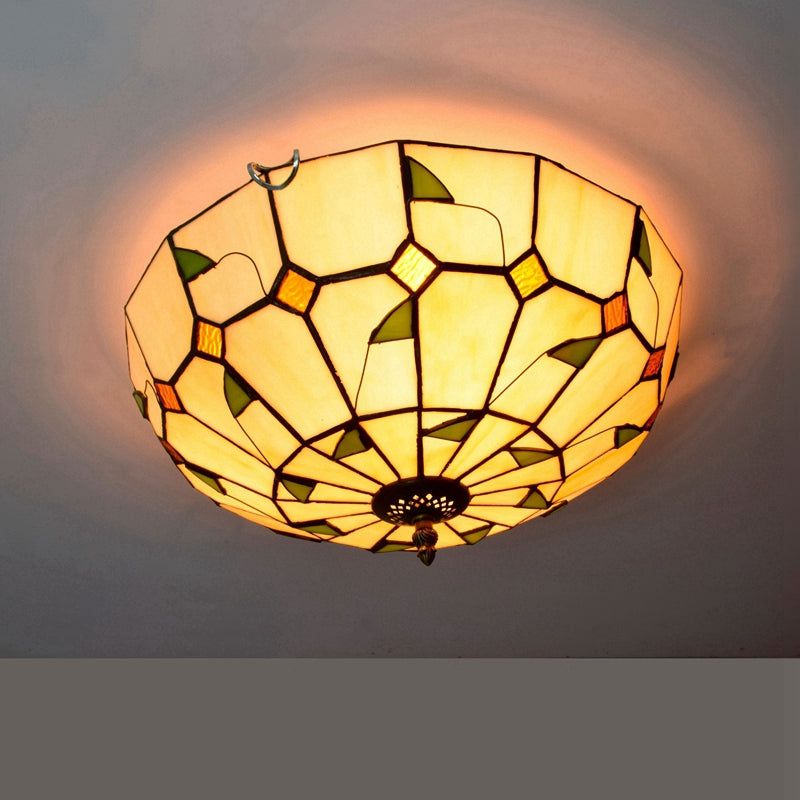 Plafonnier en Verre Teinté Style Tiffany Crème et Vert