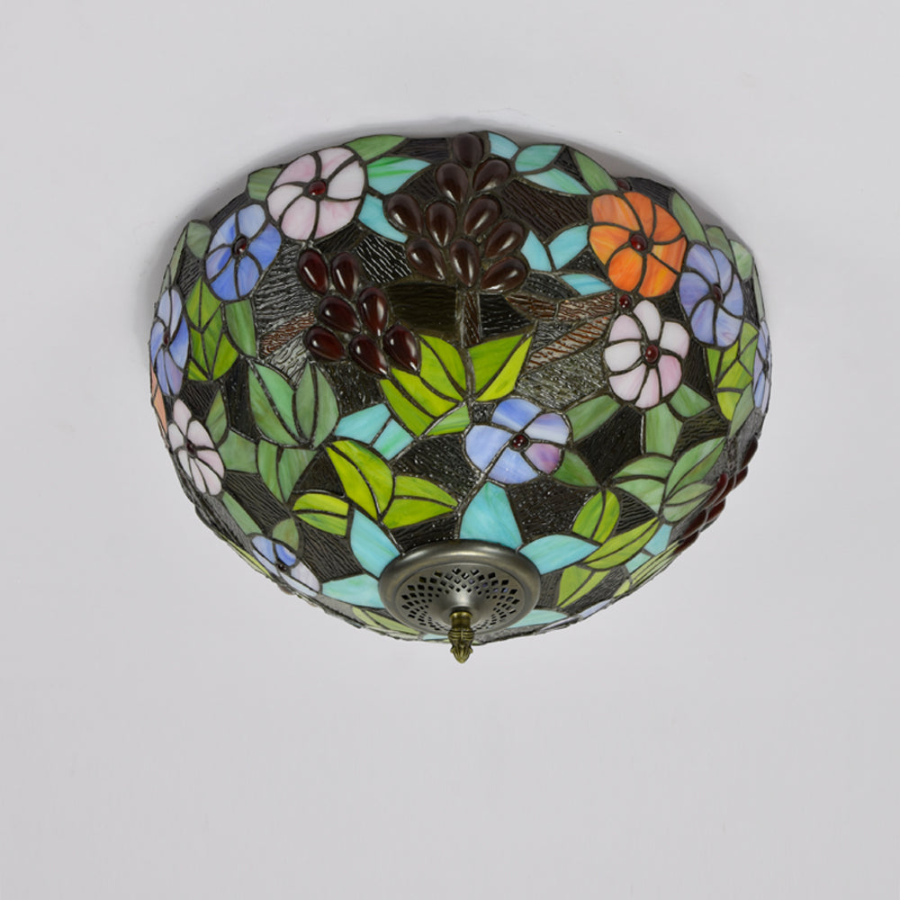 Plafonnier en Vitrail Floral Style Tiffany Dôme