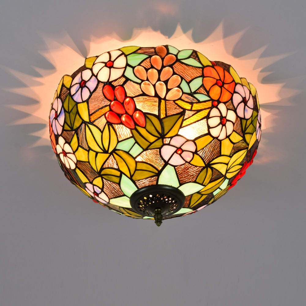 Plafonnier en Vitrail Floral Style Tiffany Dôme