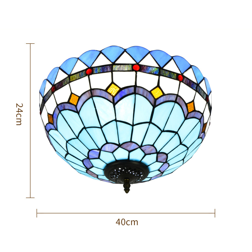 Plafonnier Dôme en Vitrail Style Tiffany Bleu et Blanc