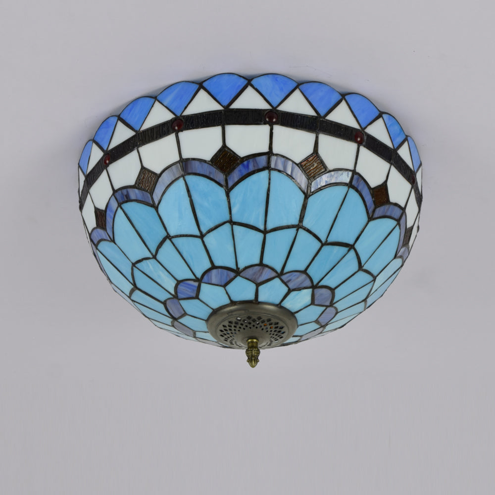 Plafonnier Dôme en Vitrail Style Tiffany Bleu et Blanc