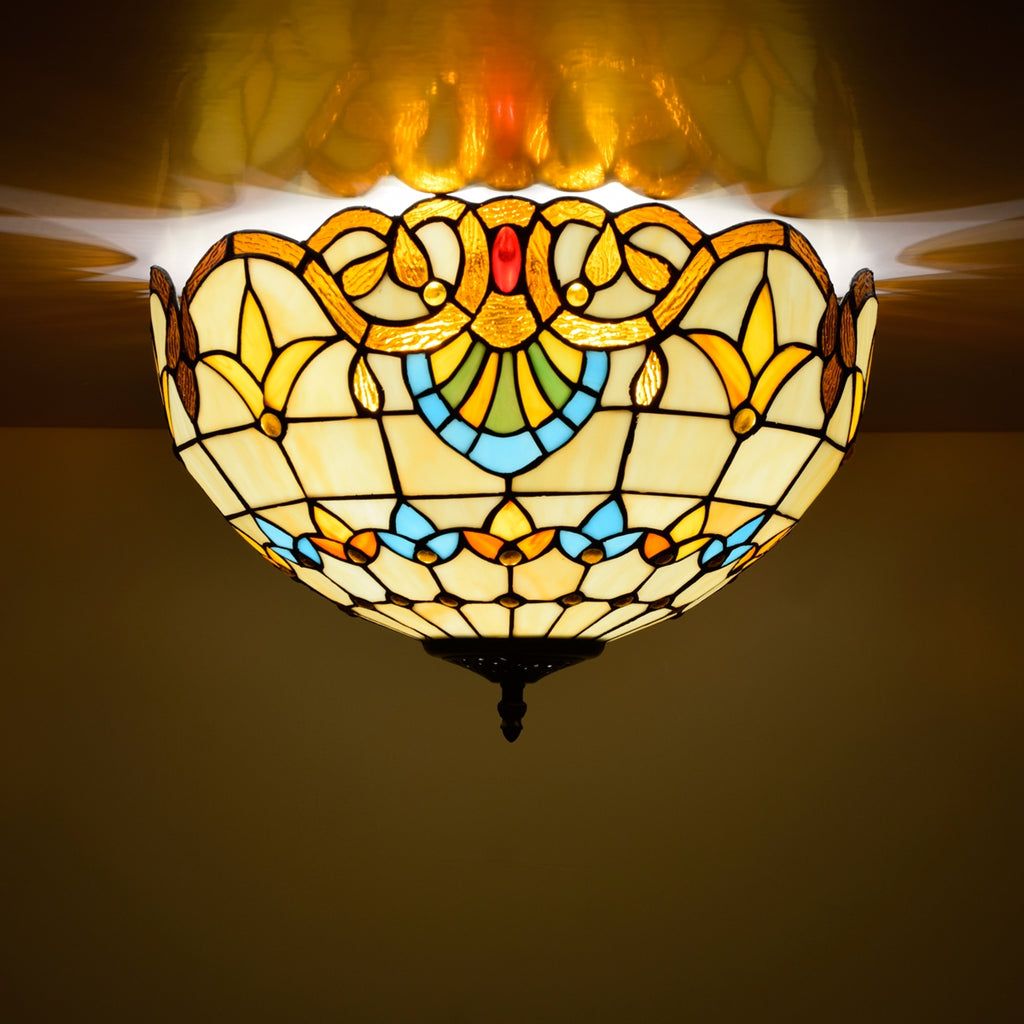 Plafonnier en Verre Teinté Tiffany à Motifs Floraux
