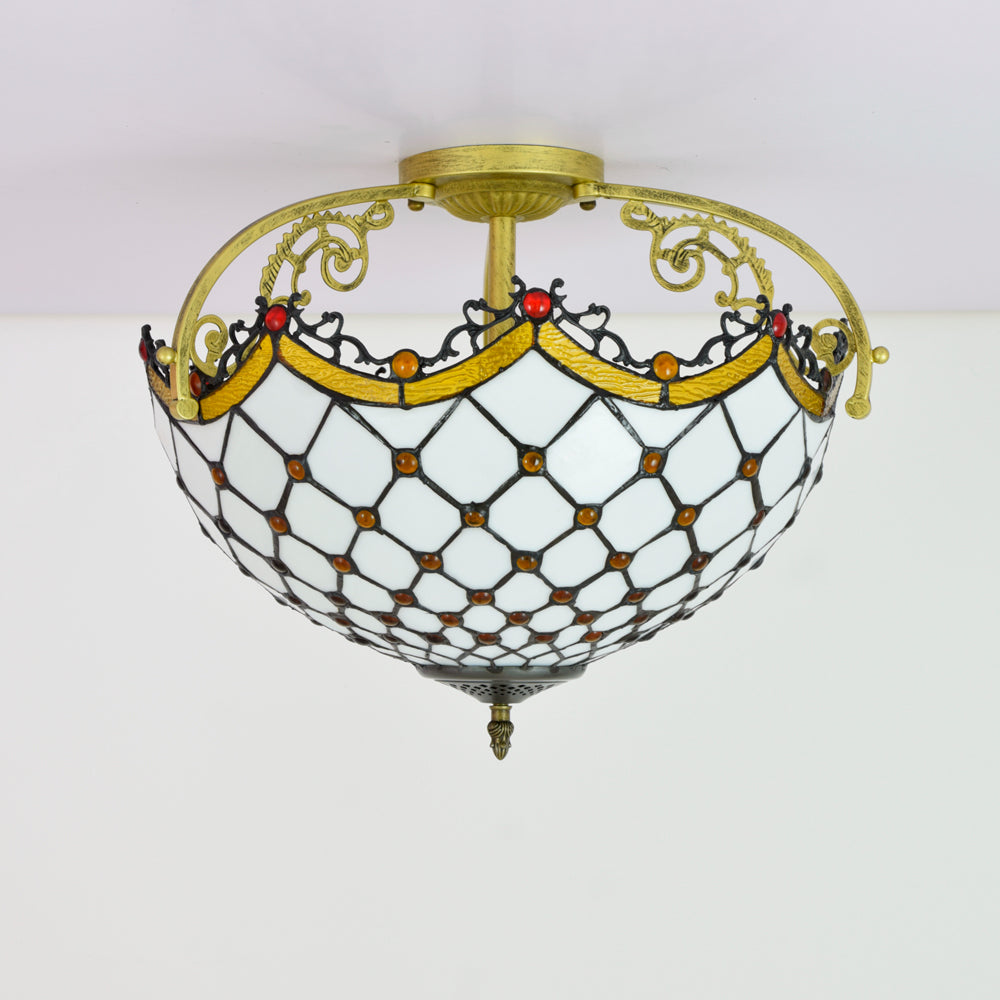 Plafonnier en Vitrail Tiffany Géométrique et Laiton Orné Image