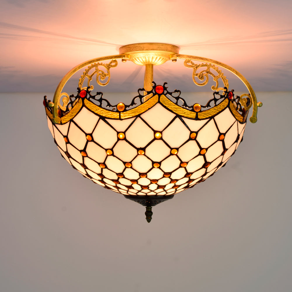 Plafonnier en Vitrail Tiffany Géométrique et Laiton Orné