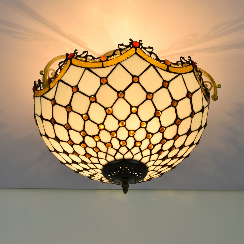 Plafonnier en Vitrail Tiffany Géométrique et Laiton Orné