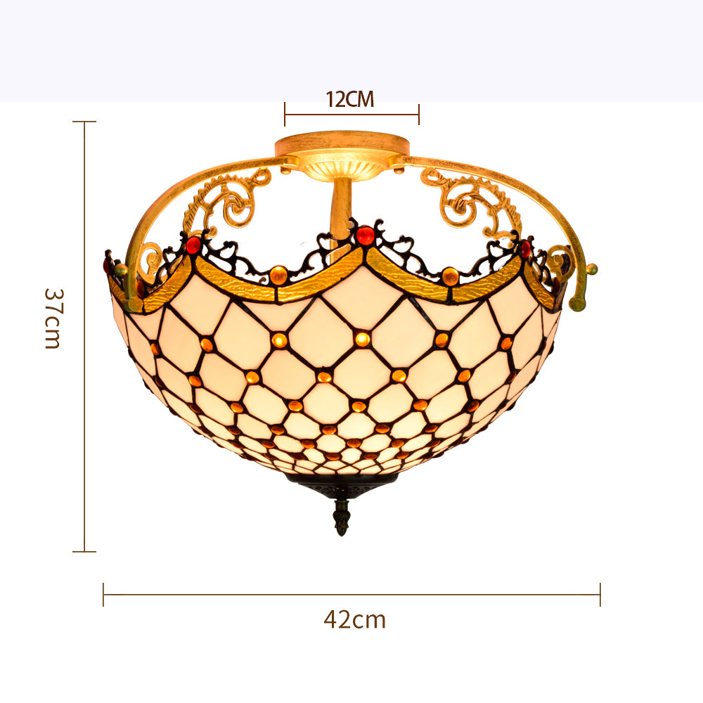 Plafonnier en Vitrail Tiffany Géométrique et Laiton Orné