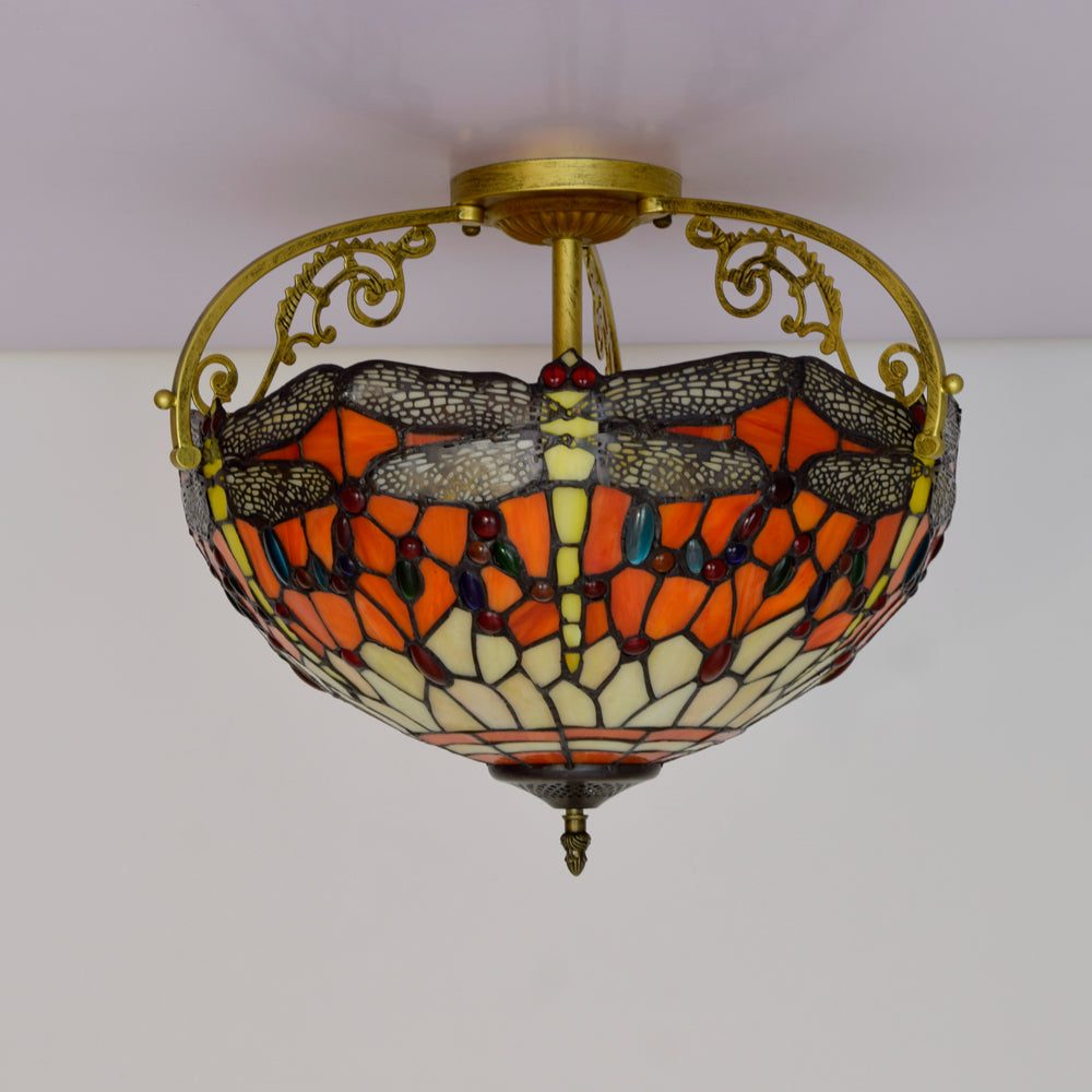 Plafonnier en Vitrail Style Tiffany Libellules Orange Image
