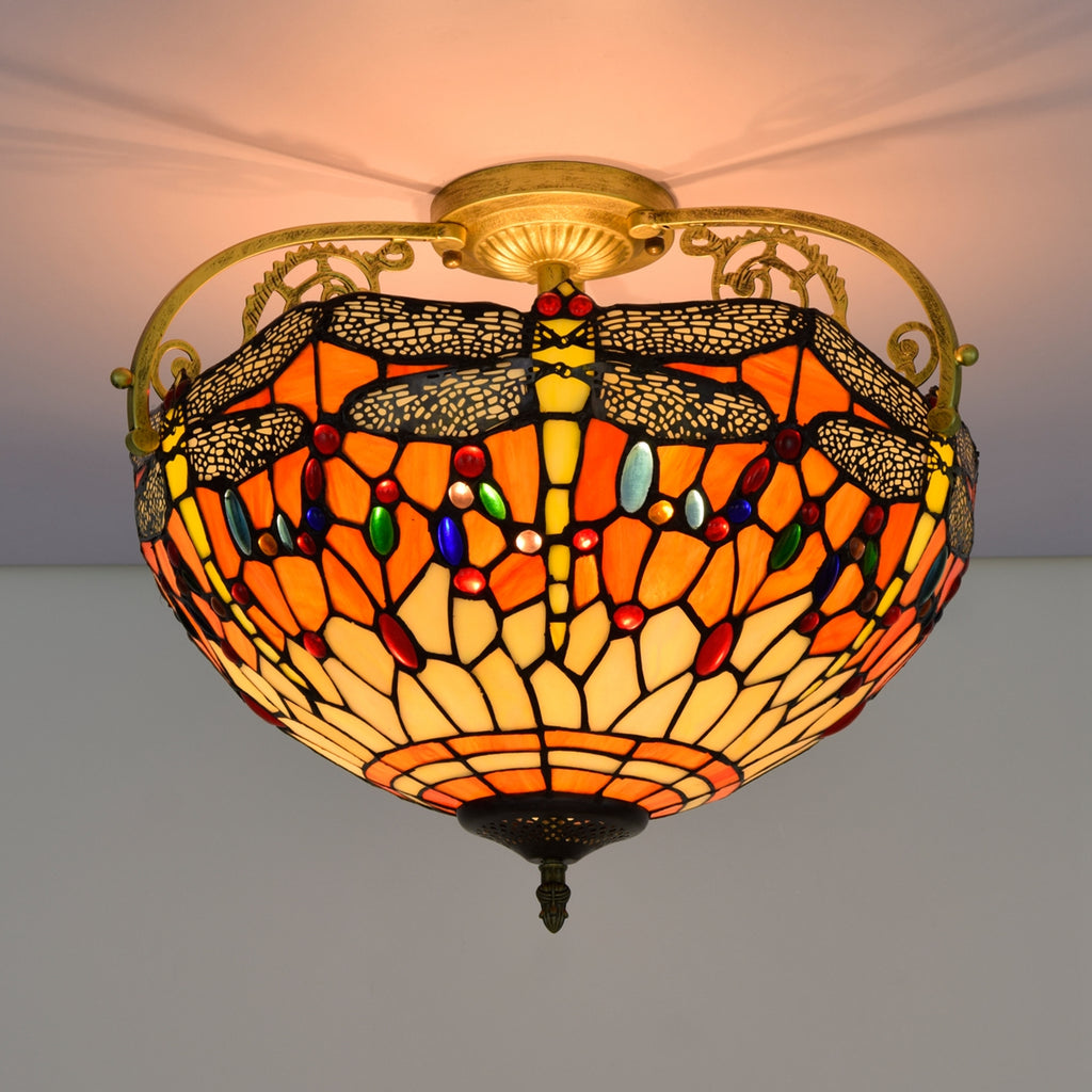 Plafonnier en Vitrail Style Tiffany Libellules Orange