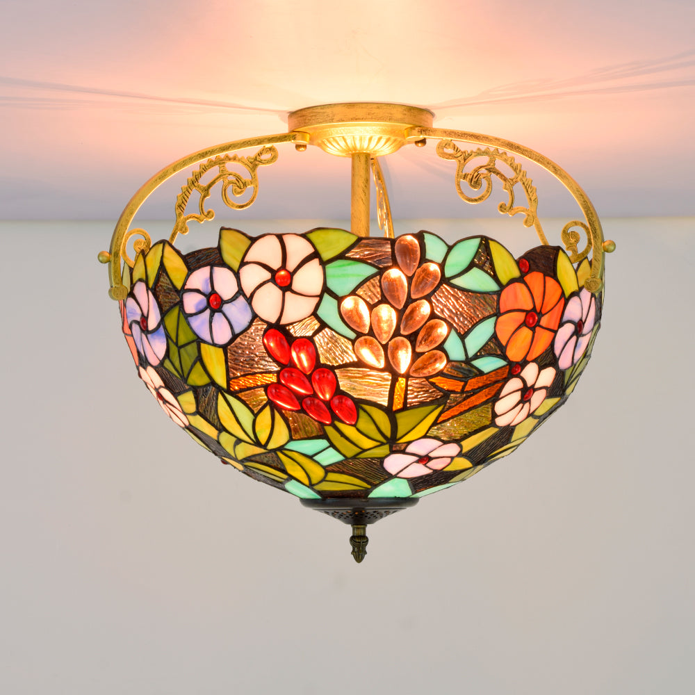 Plafonnier en Vitrail Floral Style Tiffany Bronze