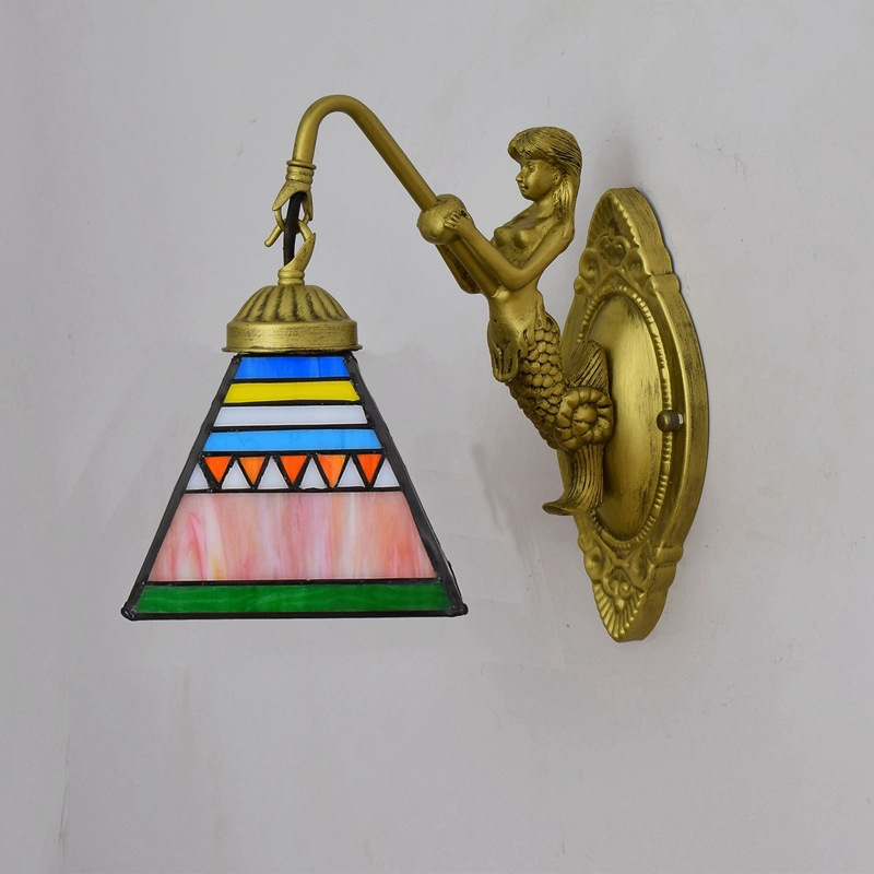 Applique Murale Sirène en Métal Doré et Vitrail Coloré