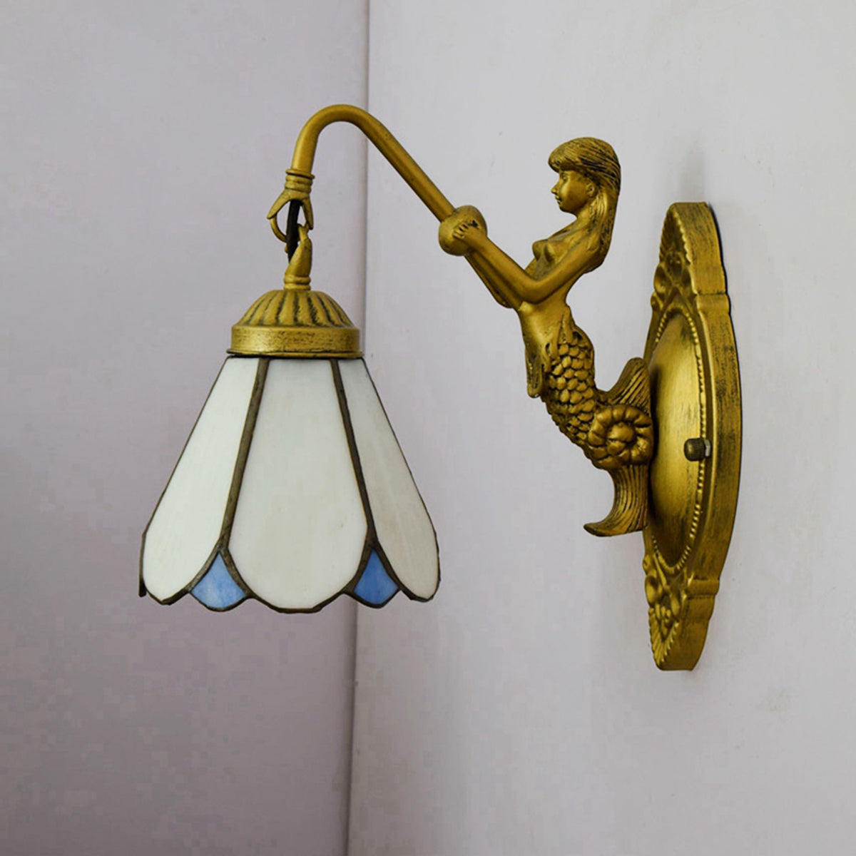 Applique Murale en Bronze Vintage Sirène Verre Tiffany