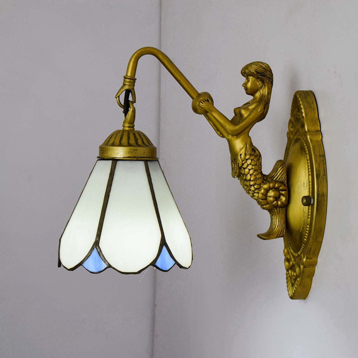 Applique Murale en Bronze Vintage Sirène Verre Tiffany