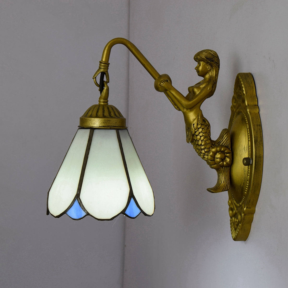 Applique Murale en Bronze Vintage Sirène Verre Tiffany