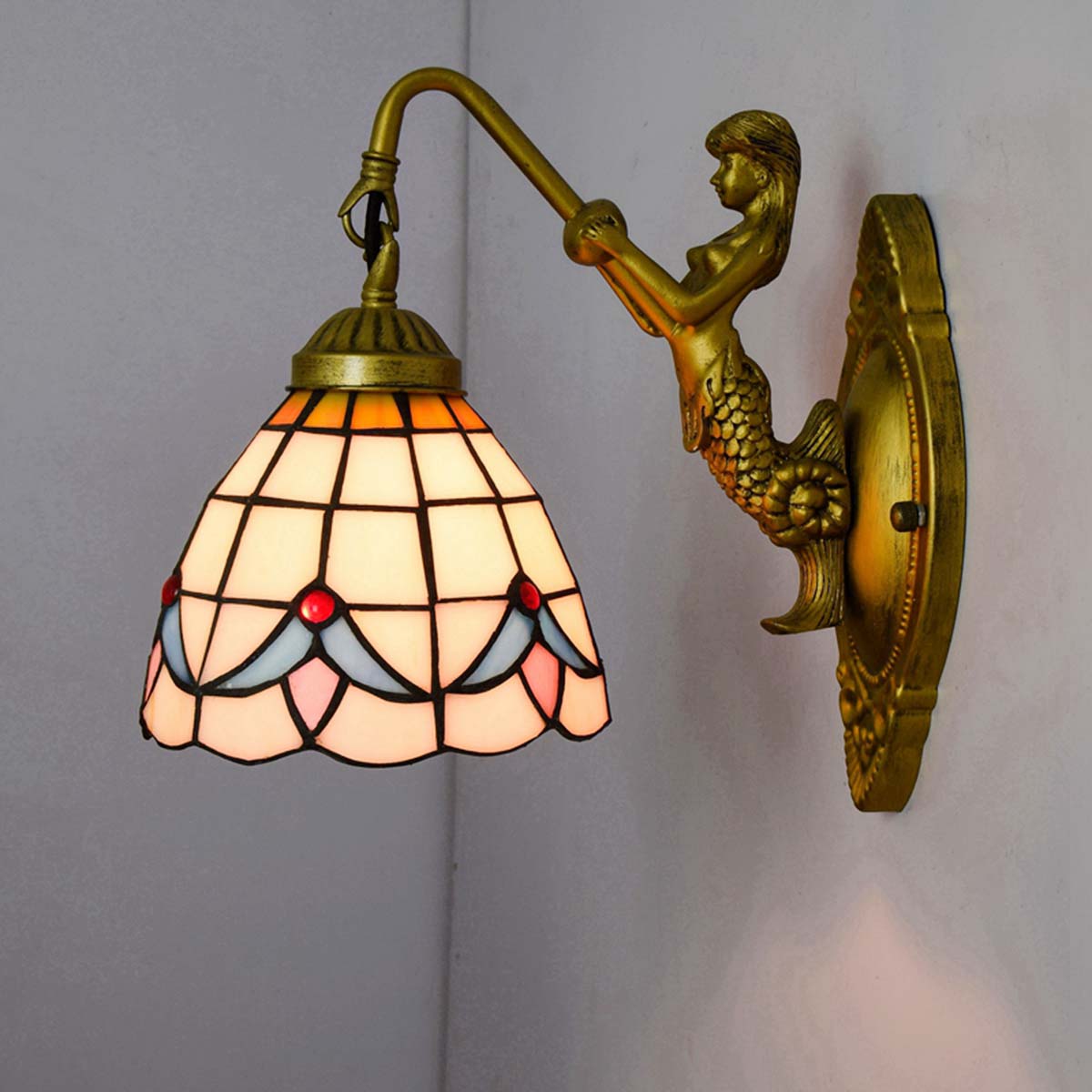 Applique Murale Tiffany en Verre Teinté avec Sirène