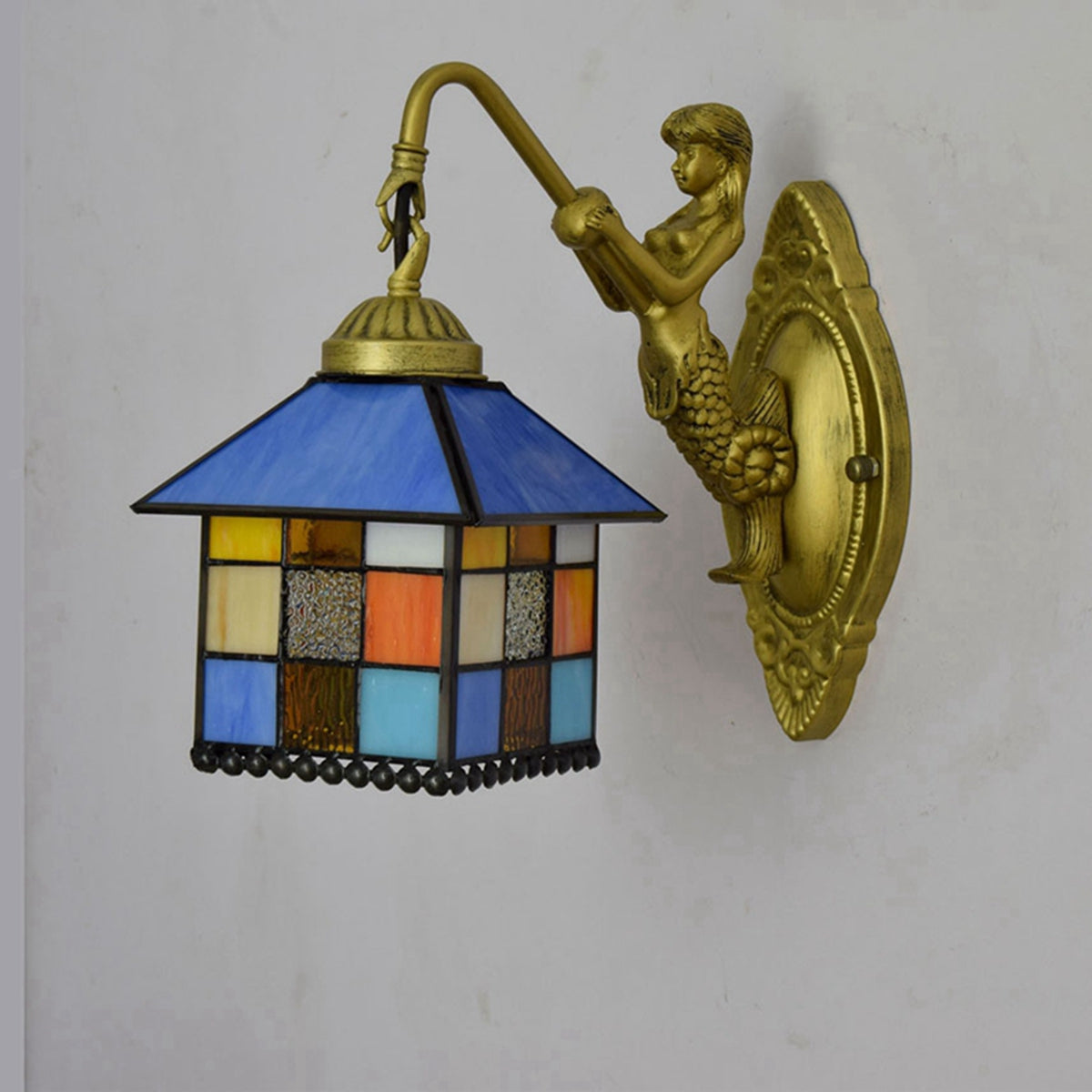 Applique Murale Sirène en Laiton, Abat-Jour Verre Tiffany