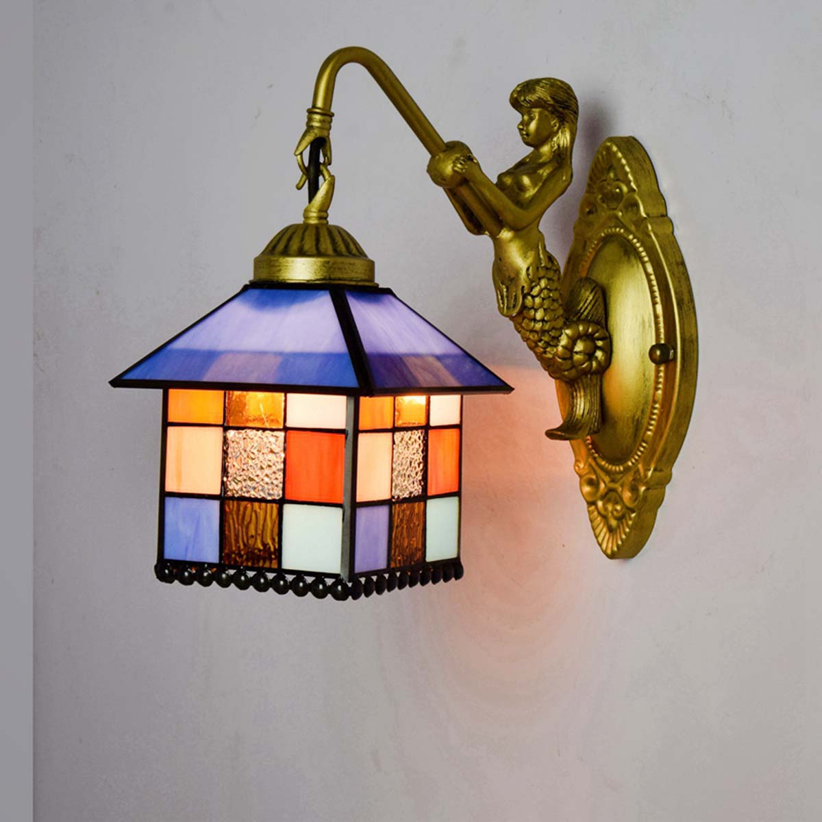 Applique Murale Sirène en Laiton, Abat-Jour Verre Tiffany