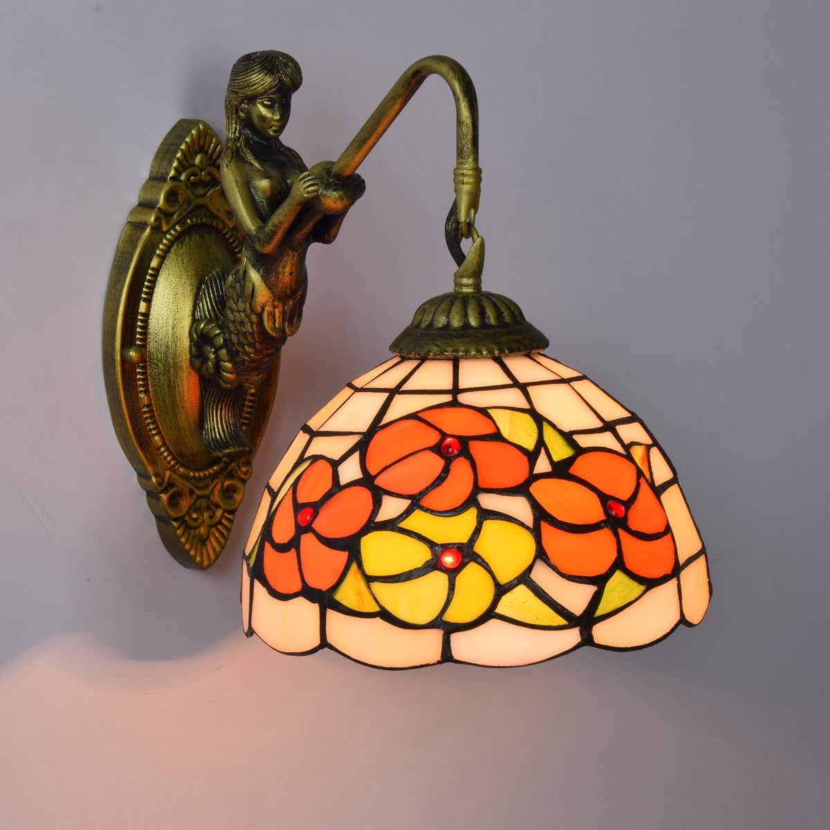Applique Murale en Laiton Antique Sirène à Verre Tiffany Floral