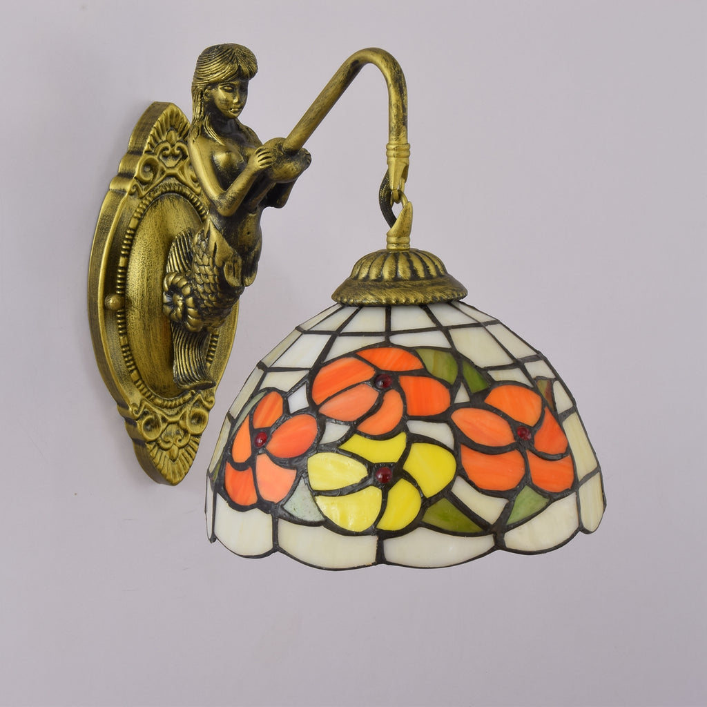 Applique Murale en Laiton Antique Sirène à Verre Tiffany Floral