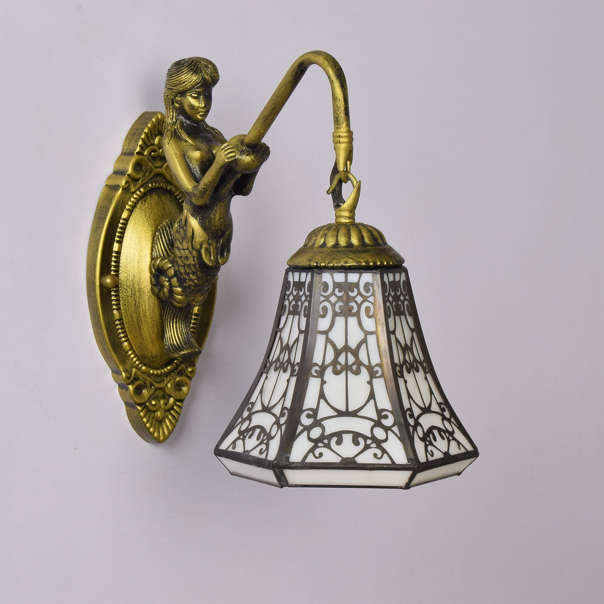 Applique Murale Sirène en Bronze Doré Ancien et Verre Décoratif