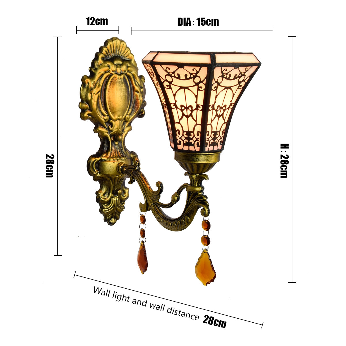 Applique Murale en Métal Doré et Verre Tiffany à Pendentifs