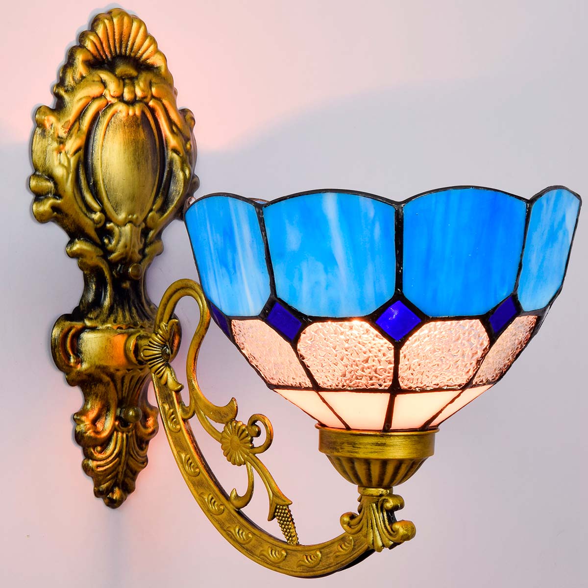 Applique Murale Tiffany en Vitrail Bleu et Or Antique