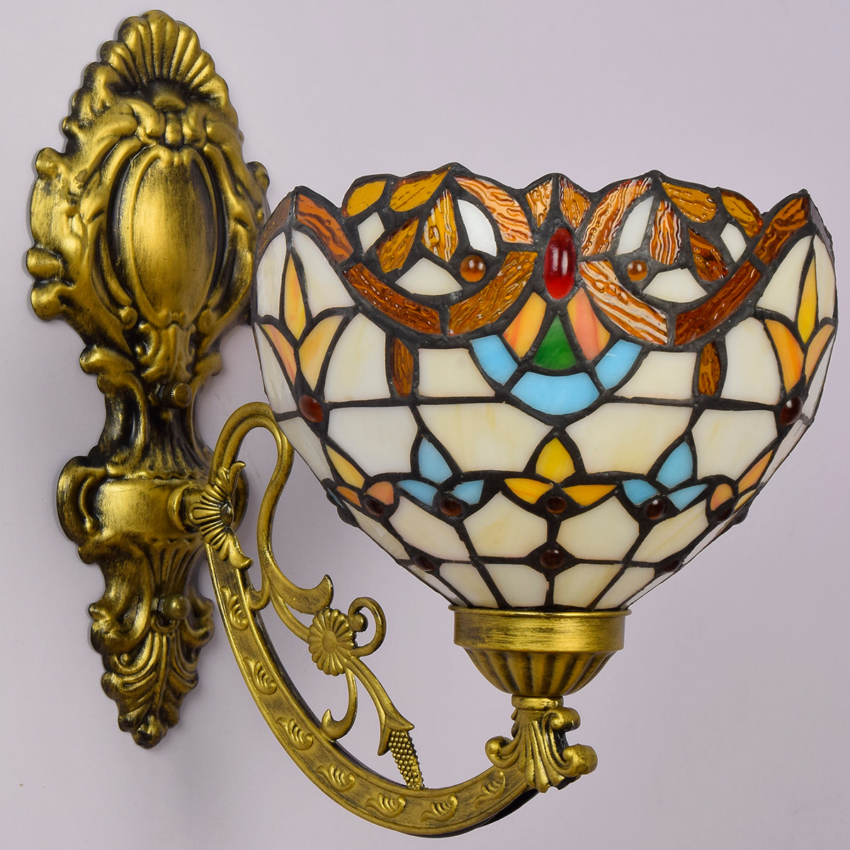 Applique Murale Style Tiffany en Laiton Antique et Verre Teinté Image