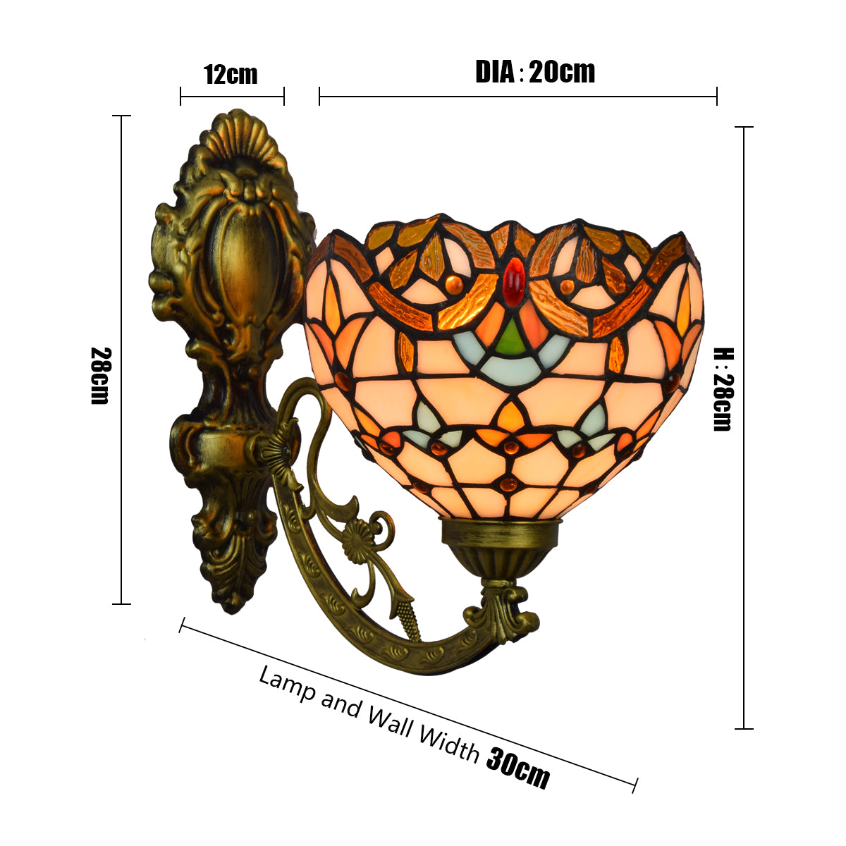 Applique Murale Style Tiffany en Laiton Antique et Verre Teinté