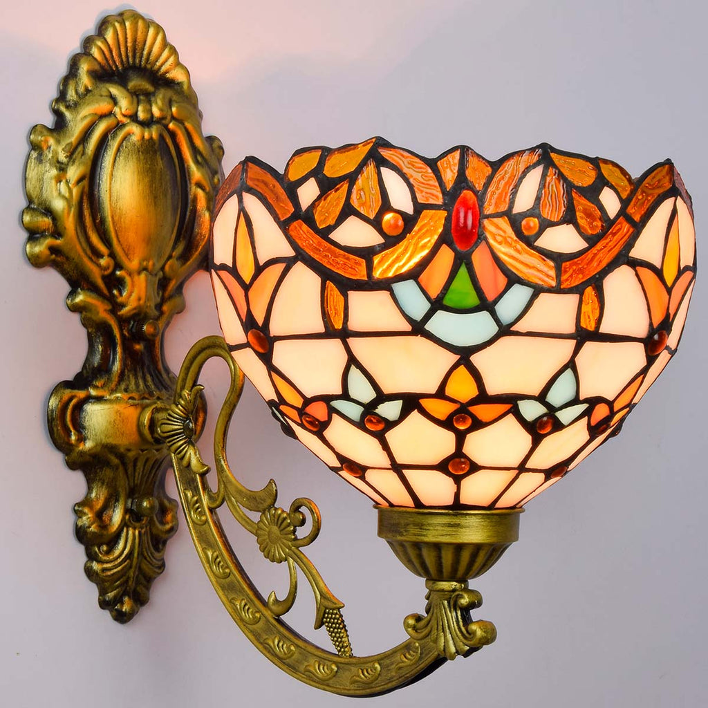 Applique Murale Style Tiffany en Laiton Antique et Verre Teinté