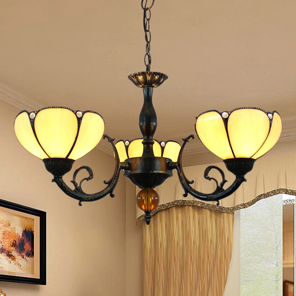 Lustre Orné Style Tiffany à 3 Bras et Verre Crème