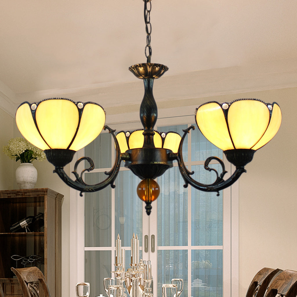 Lustre Orné Style Tiffany à 3 Bras et Verre Crème
