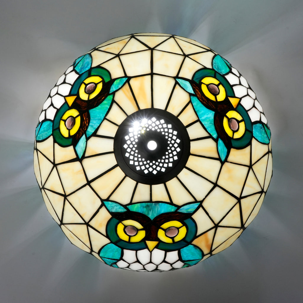 Abat-jour en Vitrail Style Tiffany Hibou Bleu-Vert