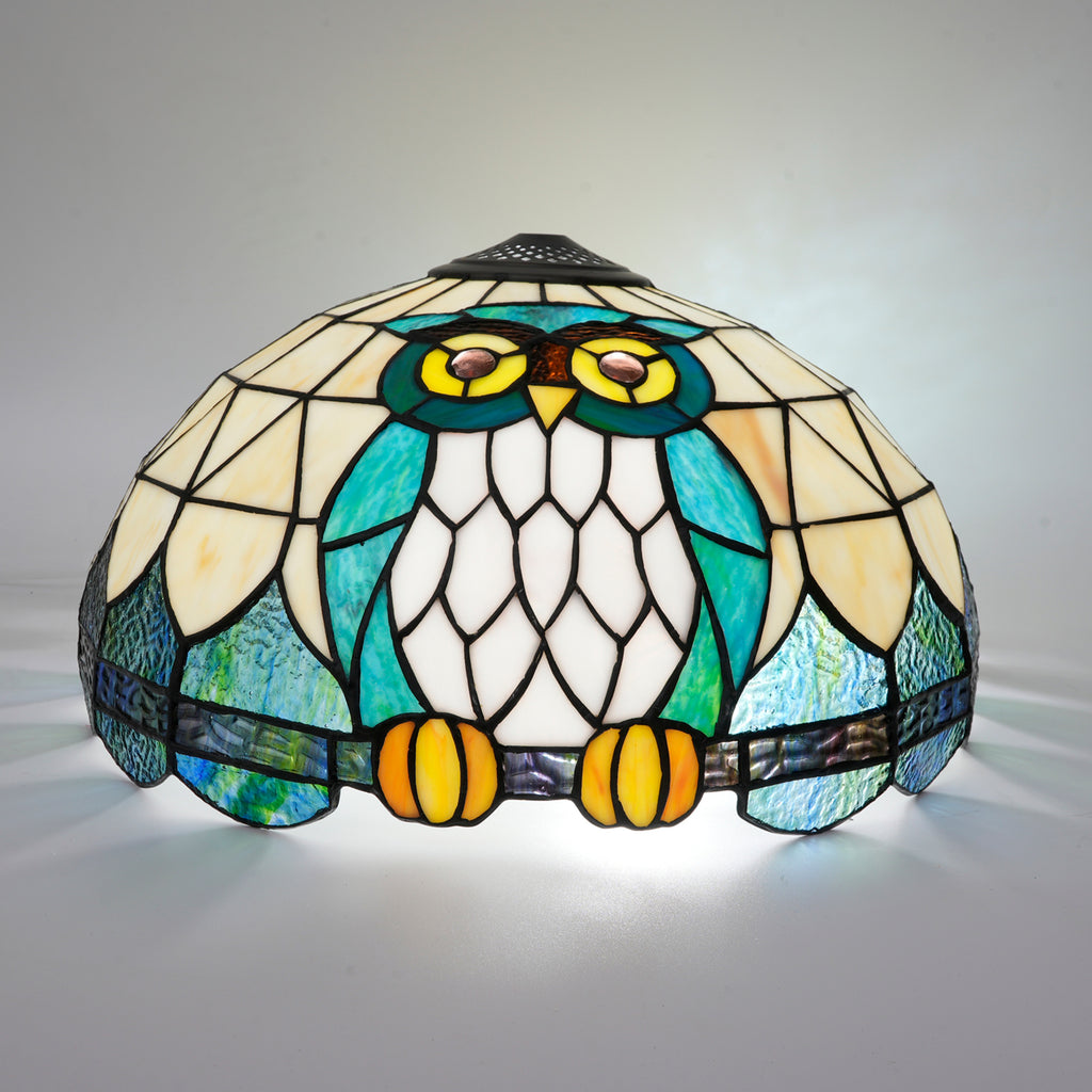 Abat-jour en Vitrail Style Tiffany Hibou Bleu-Vert