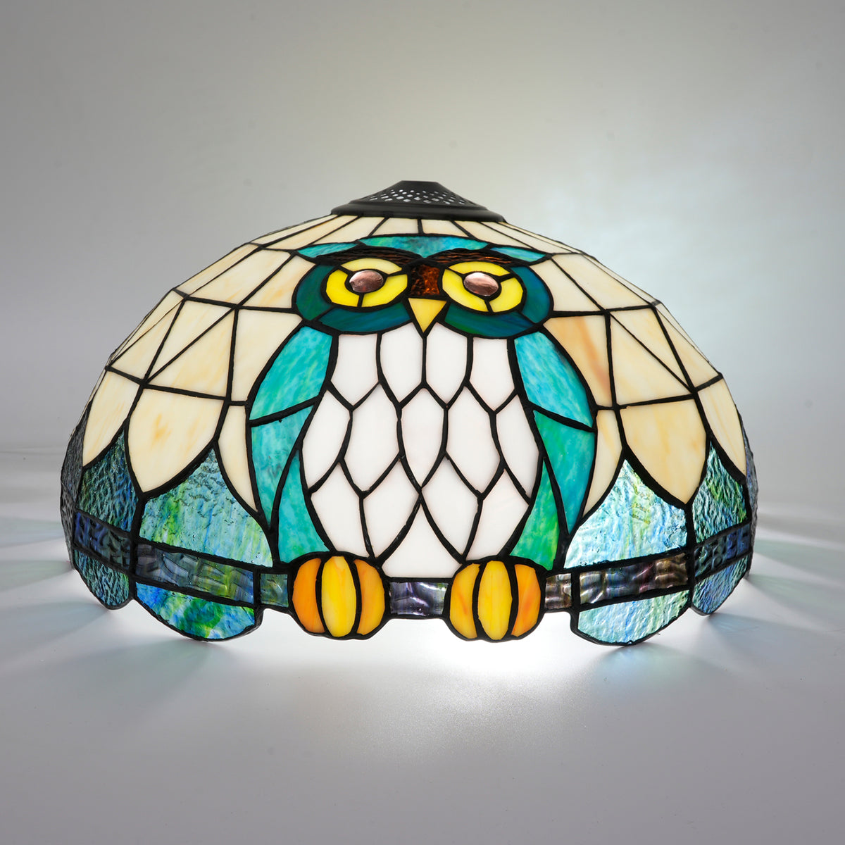 Abat-jour en Vitrail Style Tiffany Hibou Bleu-Vert