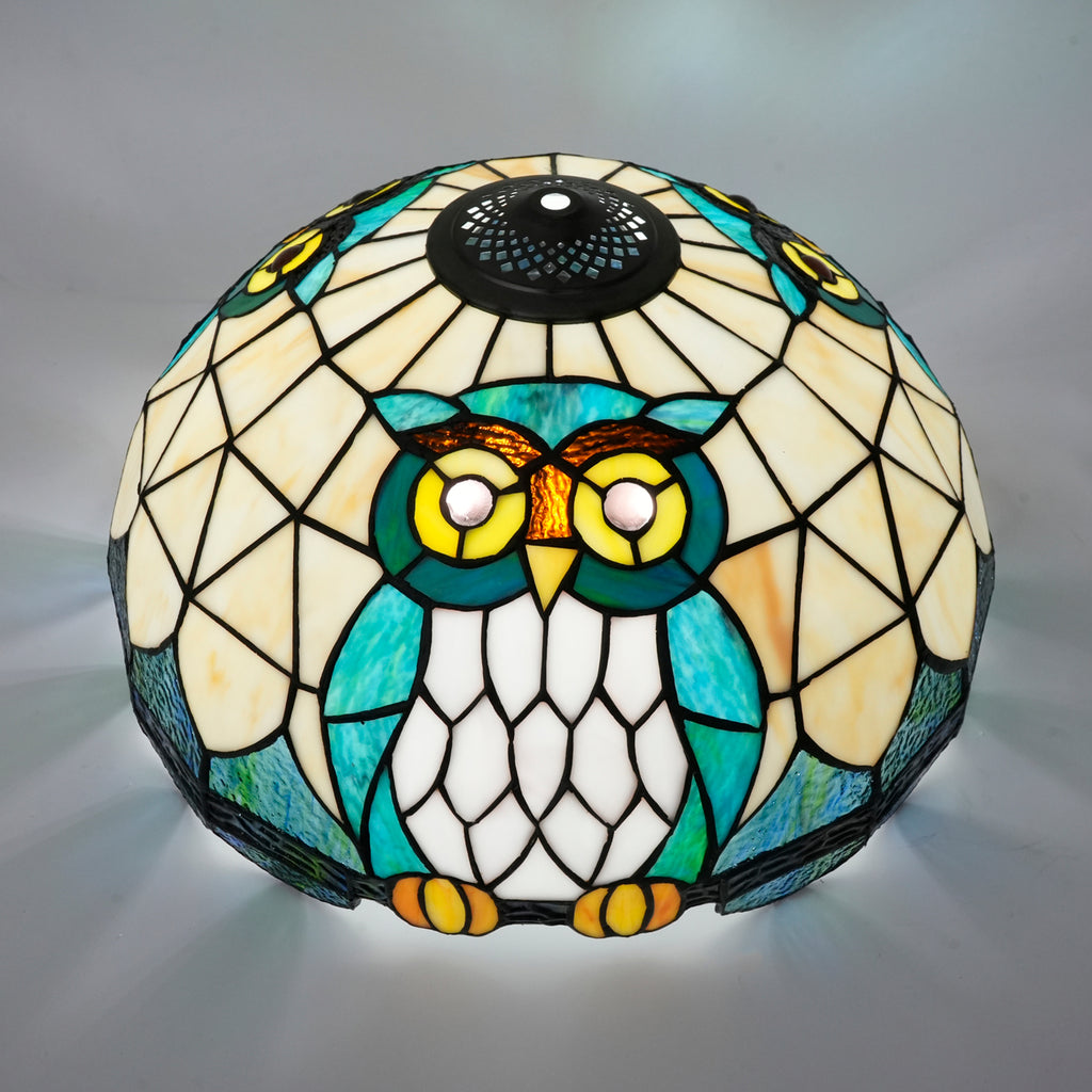 Abat-jour en Vitrail Style Tiffany Hibou Bleu-Vert