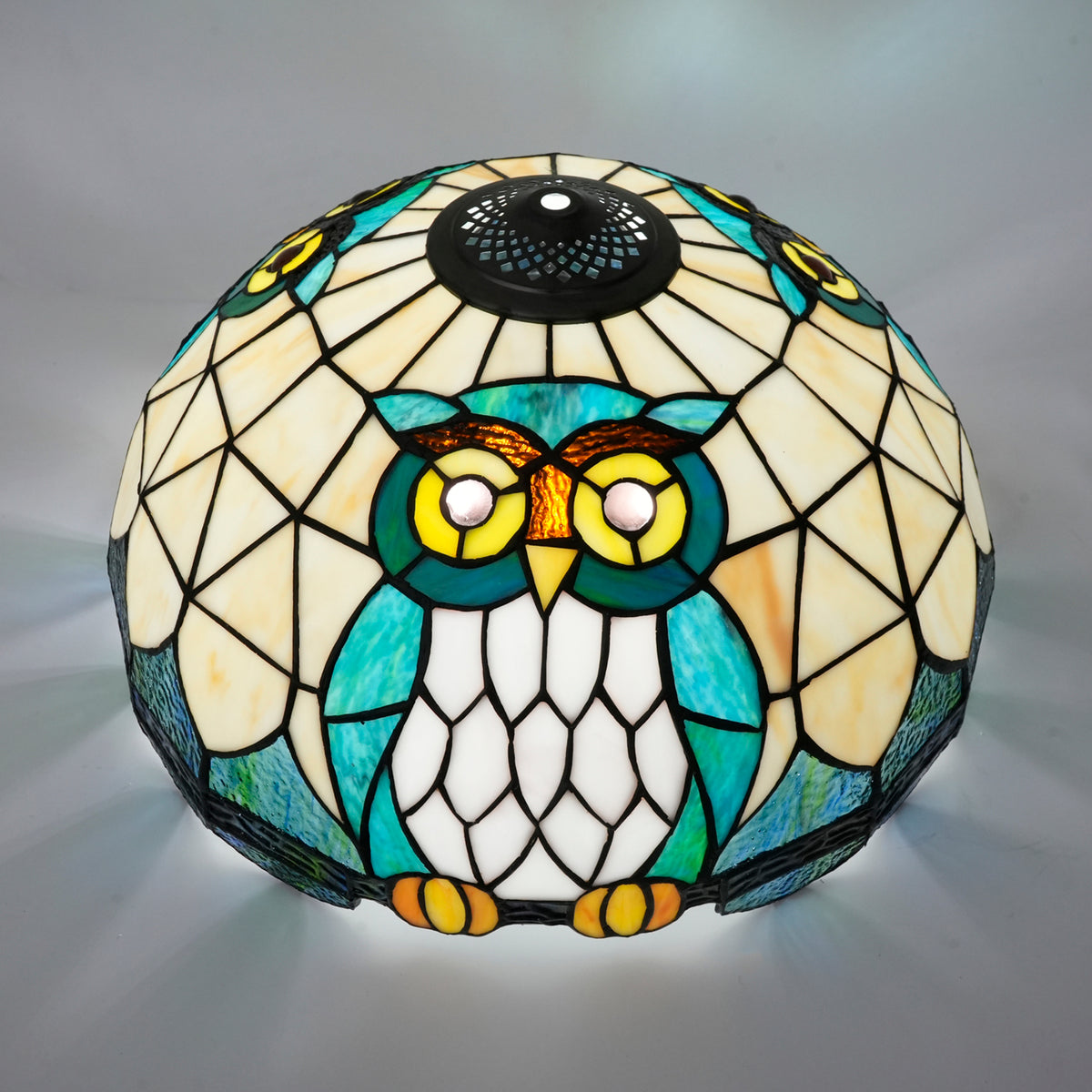 Abat-jour en Vitrail Style Tiffany Hibou Bleu-Vert