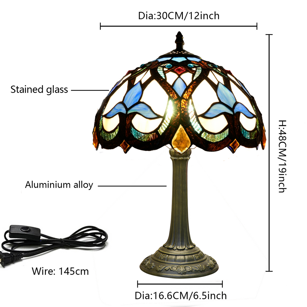 Lampe de Table en Vitrail Tiffany Bleue et Ambre