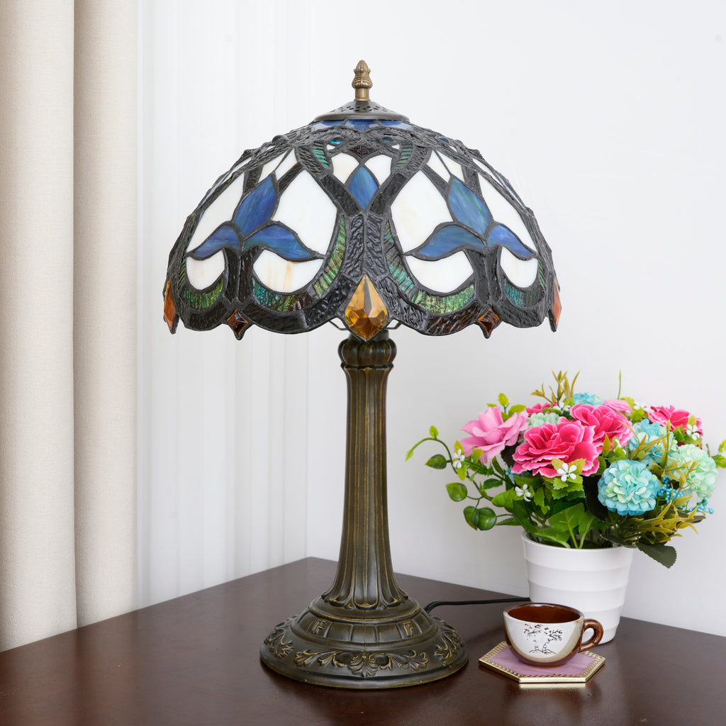 Lampe de Table en Vitrail Tiffany Bleue et Ambre