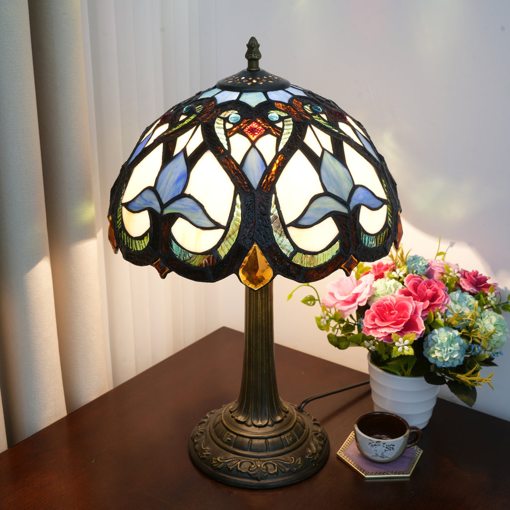 Lampe de Table en Vitrail Tiffany Bleue et Ambre