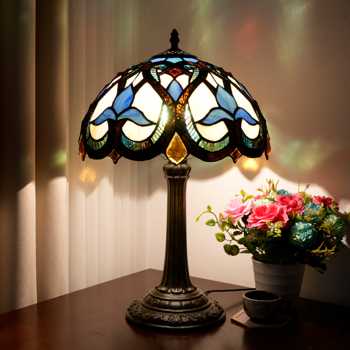 Lampe de Table en Vitrail Tiffany Bleue et Ambre