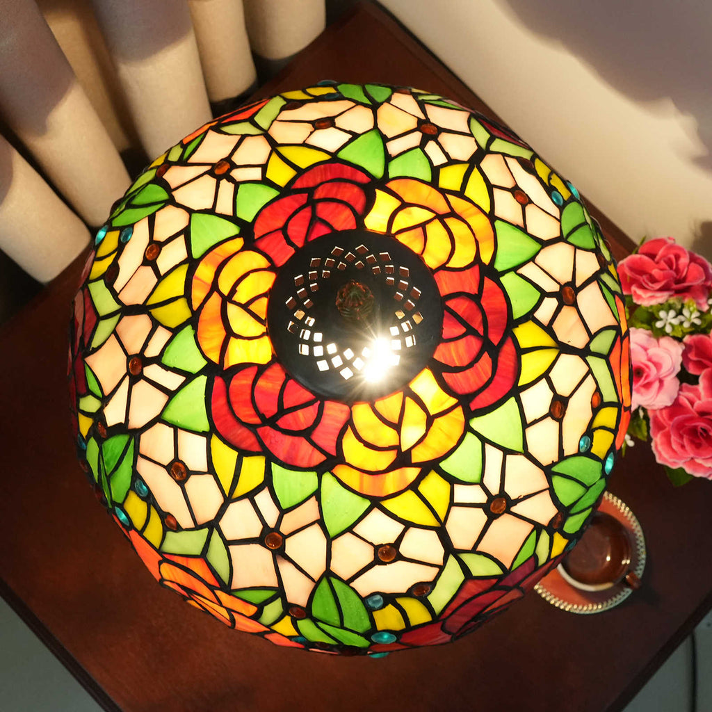 Lampe de Table Tiffany en Vitrail Floral aux Roses