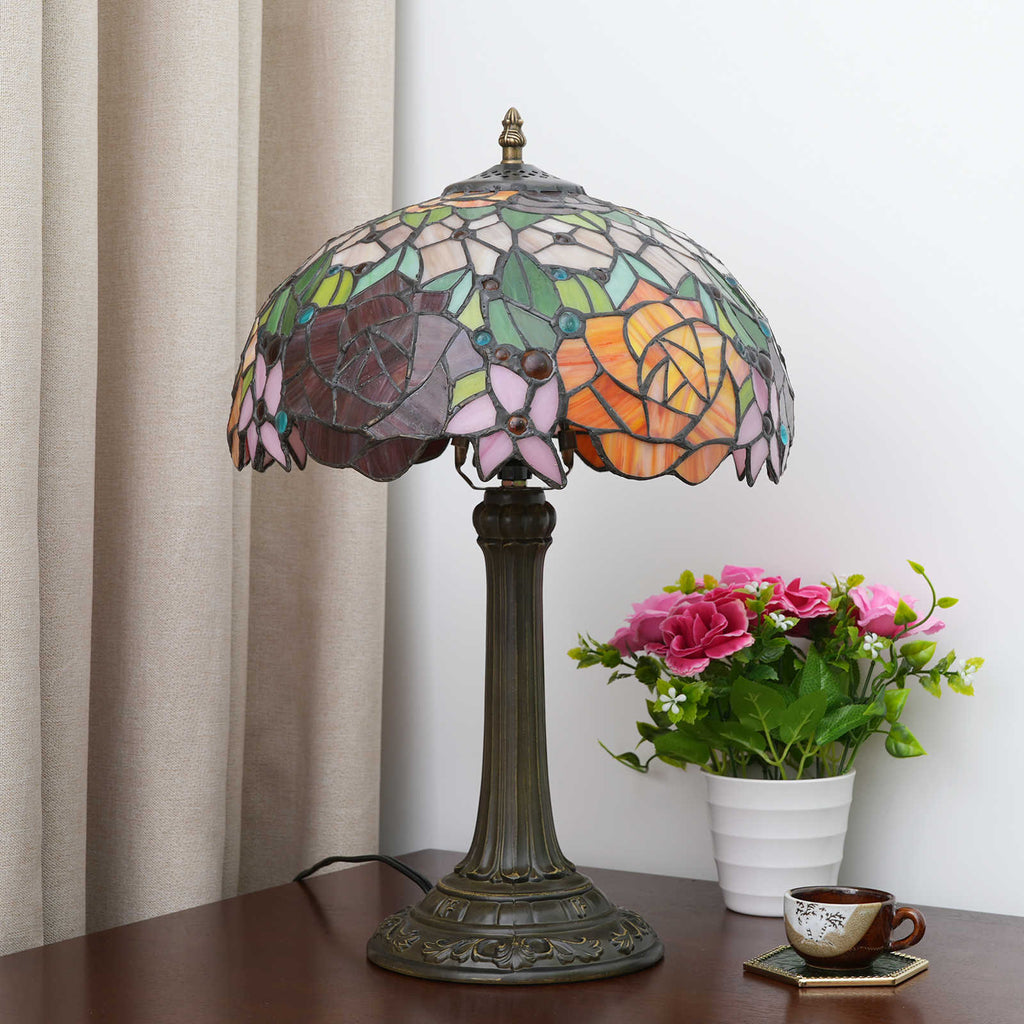 Lampe de Table Tiffany en Vitrail Floral aux Roses