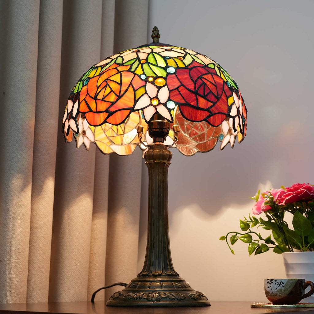 Lampe de Table Tiffany en Vitrail Floral aux Roses
