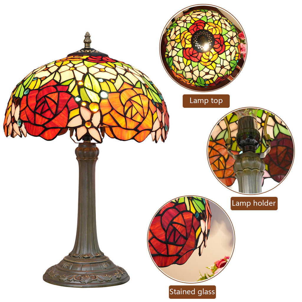 Lampe de Table Tiffany en Vitrail Floral aux Roses