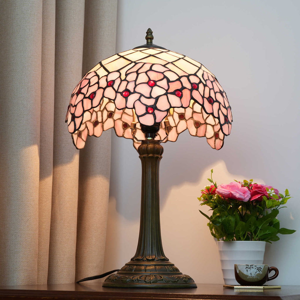 Lampe de Table Tiffany en Verre Teinté Rose Floral