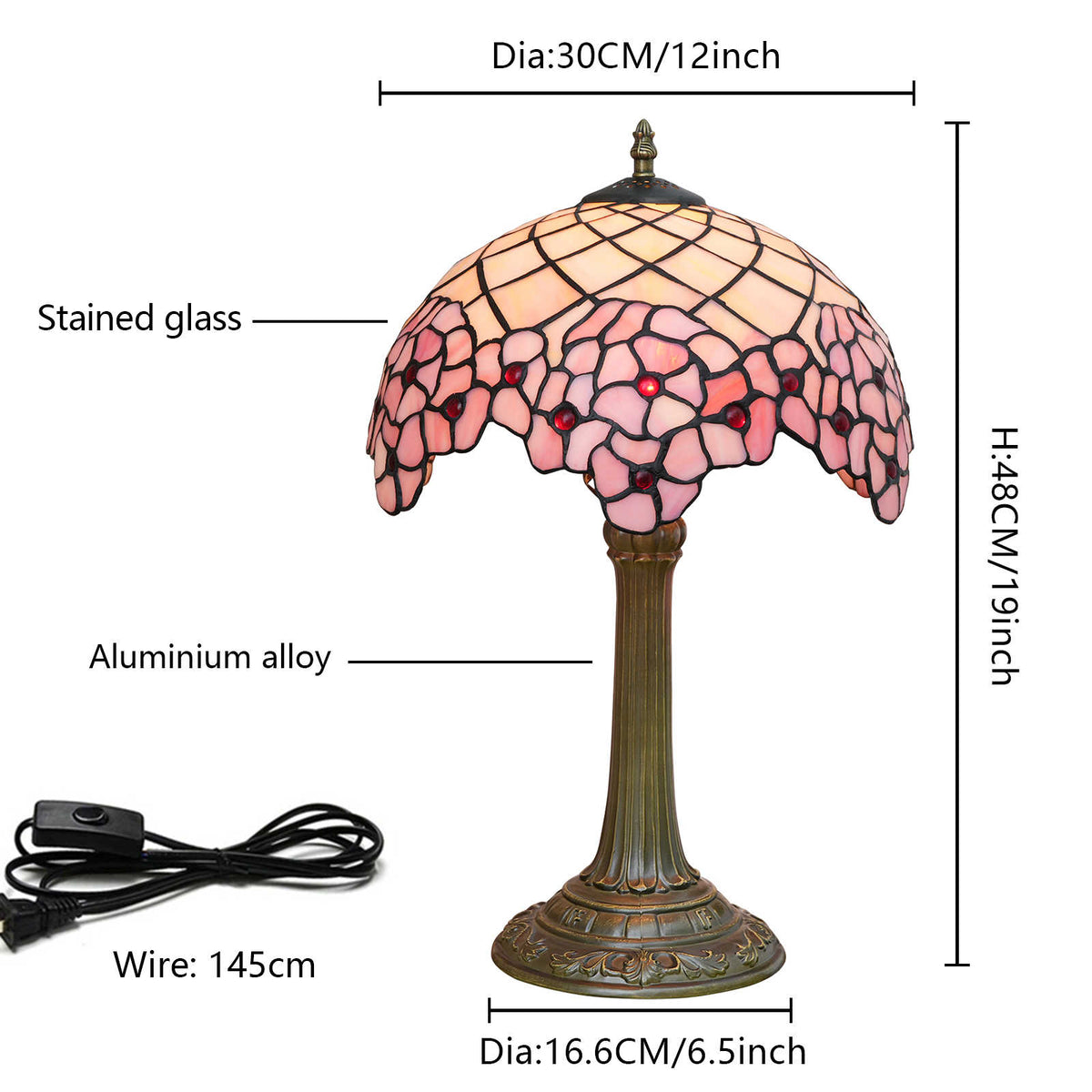 Lampe de Table Tiffany en Verre Teinté Rose Floral