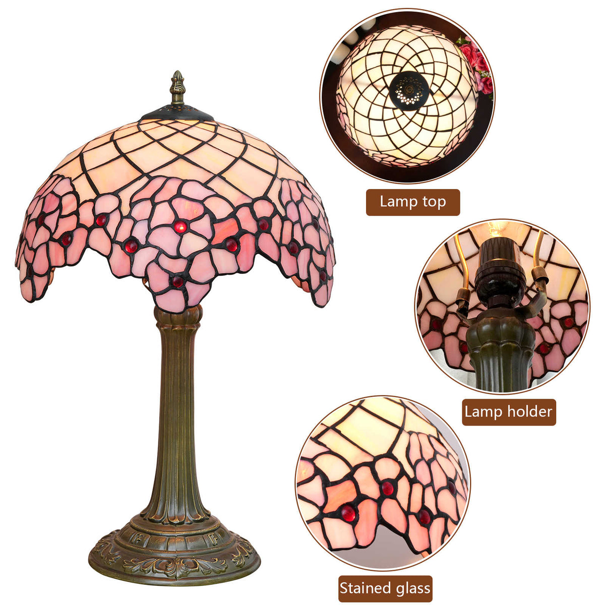 Lampe de Table Tiffany en Verre Teinté Rose Floral