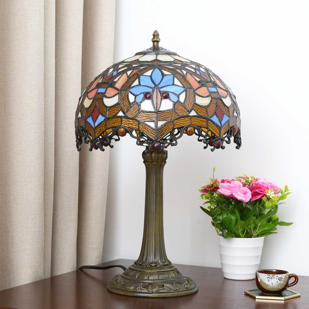 Lampe de Table Style Tiffany en Verre Teinté Multicolore