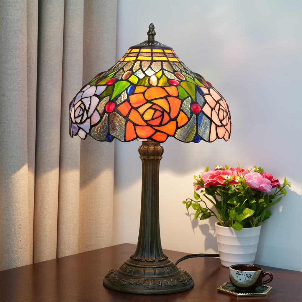 Lampe de Table Tiffany en Verre Teinté aux Roses Multicolores