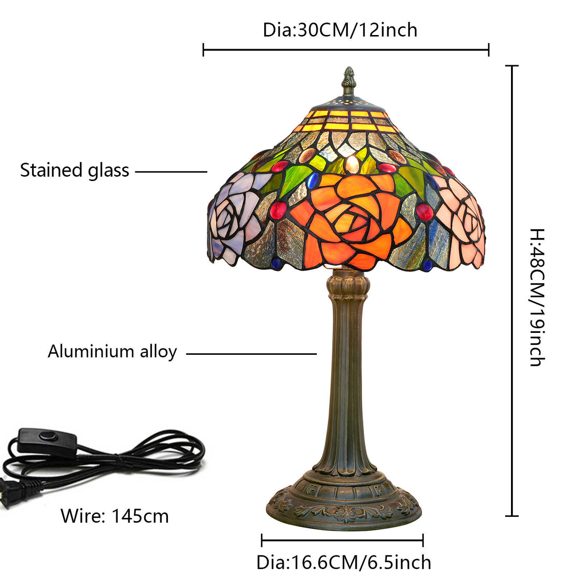 Lampe de Table Tiffany en Verre Teinté aux Roses Multicolores
