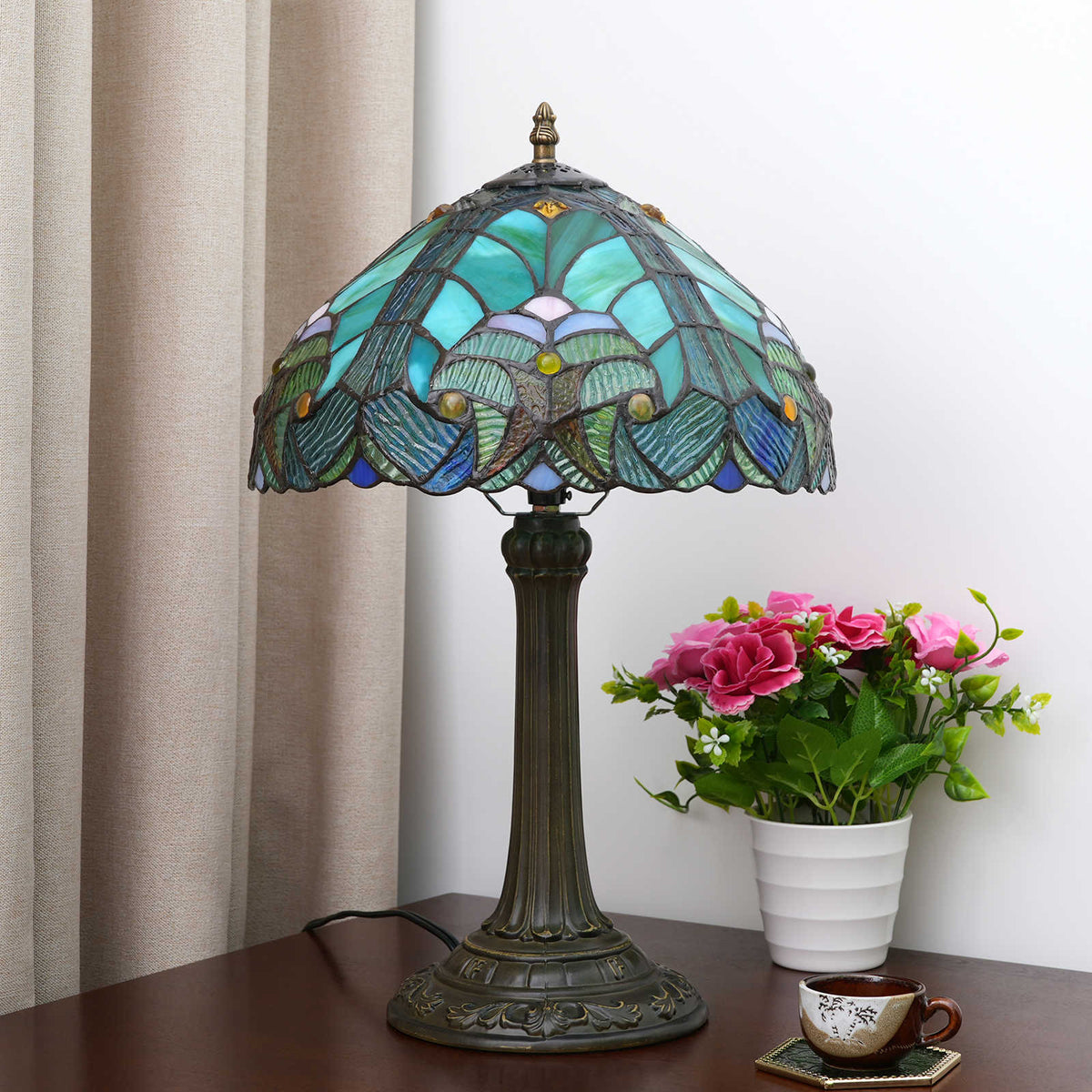 Lampe de Table Style Tiffany en Vitrail Vert Bleu